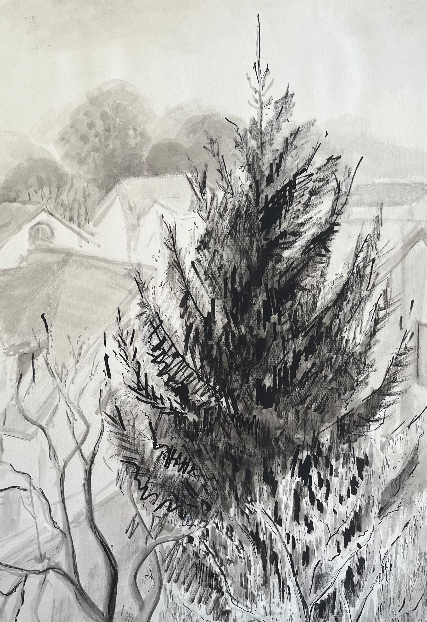 Encre et dessin de bois de pin avec fond de village français du milieu du siècle dernier en vente 2