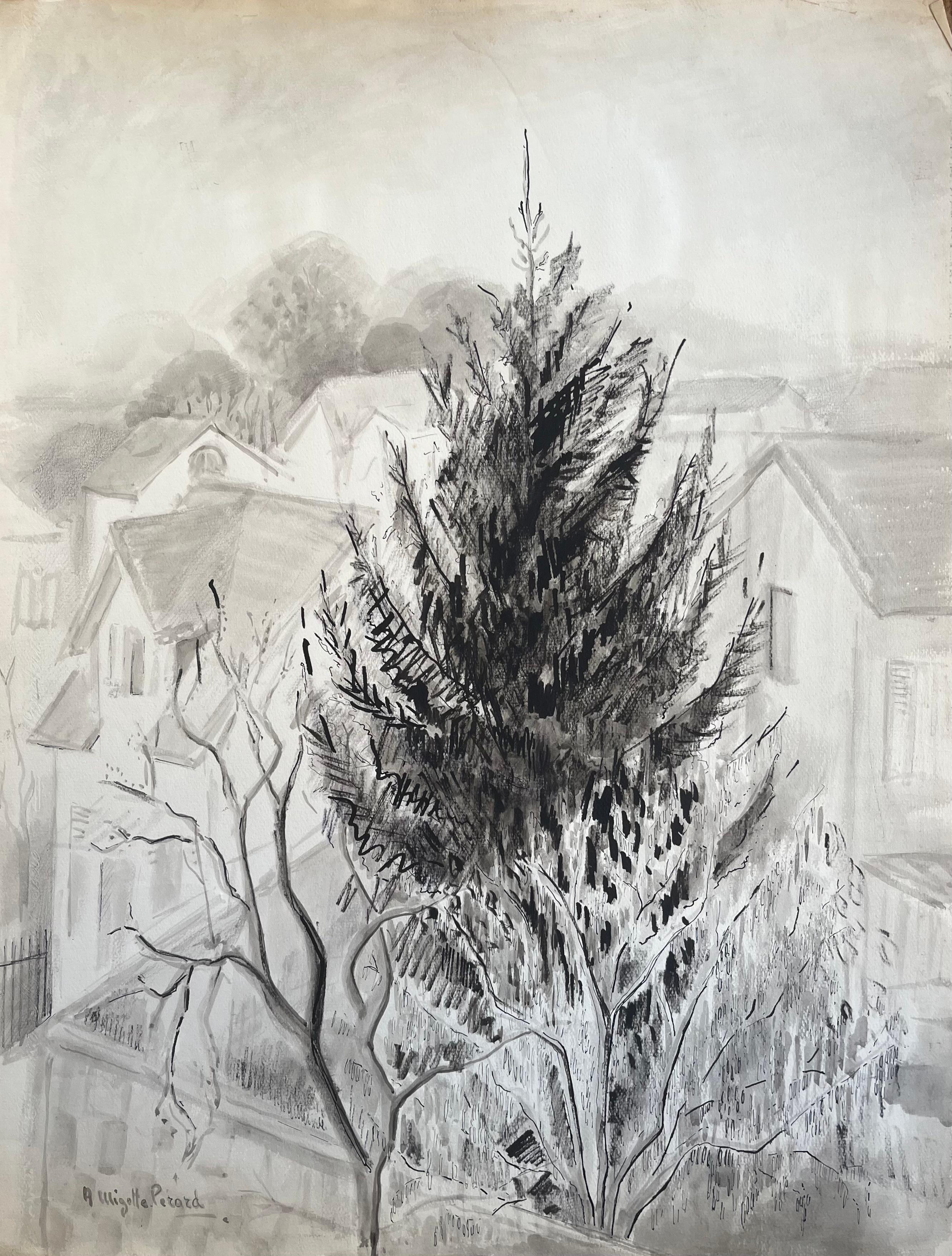 Encre et dessin de bois de pin avec fond de village français du milieu du siècle dernier