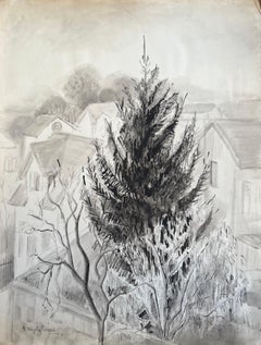 Encre et dessin de bois de pin avec fond de village français du milieu du siècle dernier