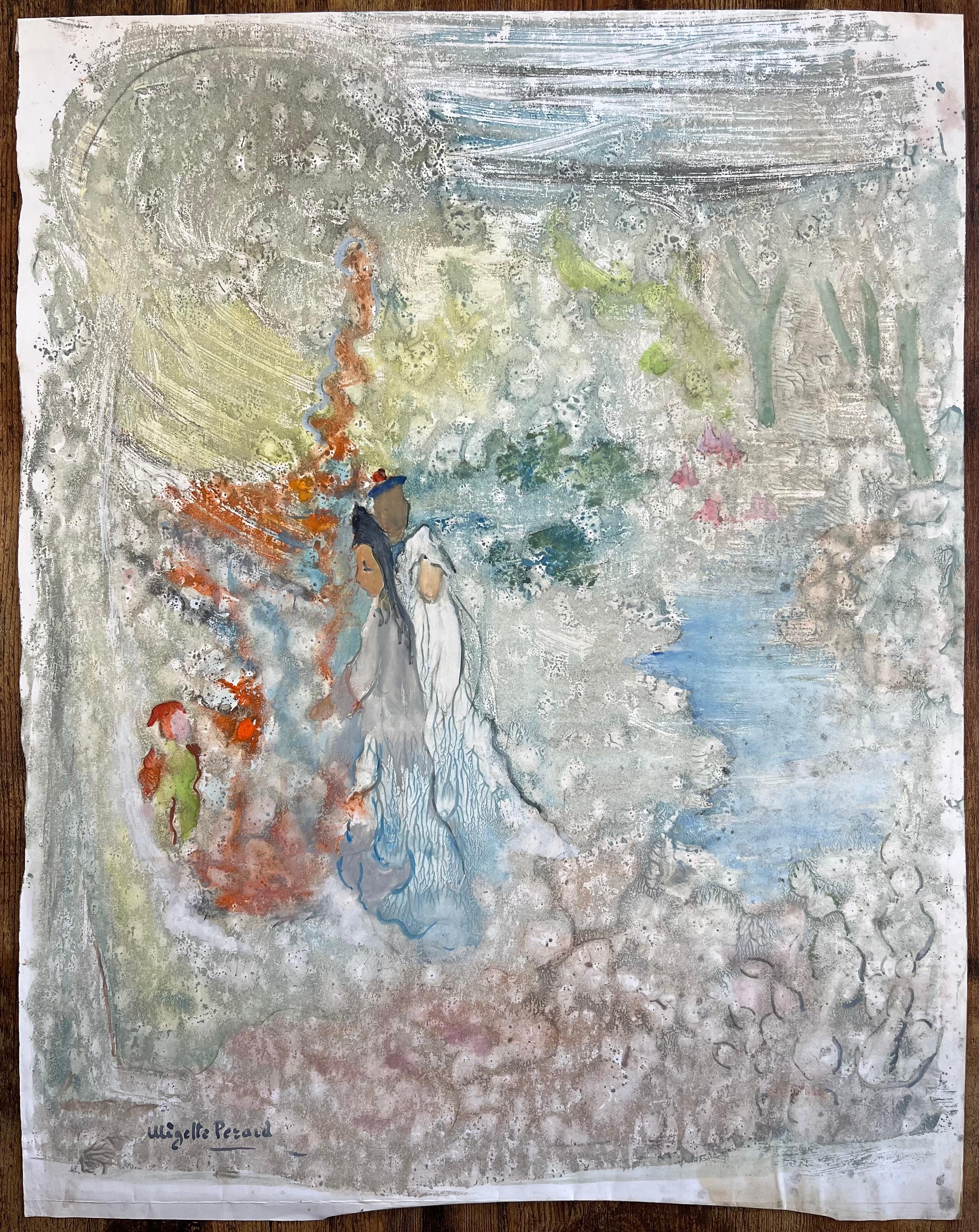 French Mid-Century Mixed Media Painting of Bride and Groom in Dreamlike Forest - Gray Figurative Painting by Anne Marie Migette Perard
