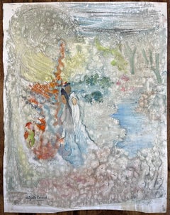 French Mid-Century Mixed Media Painting of Bride and Groom in Dreamlike Forest