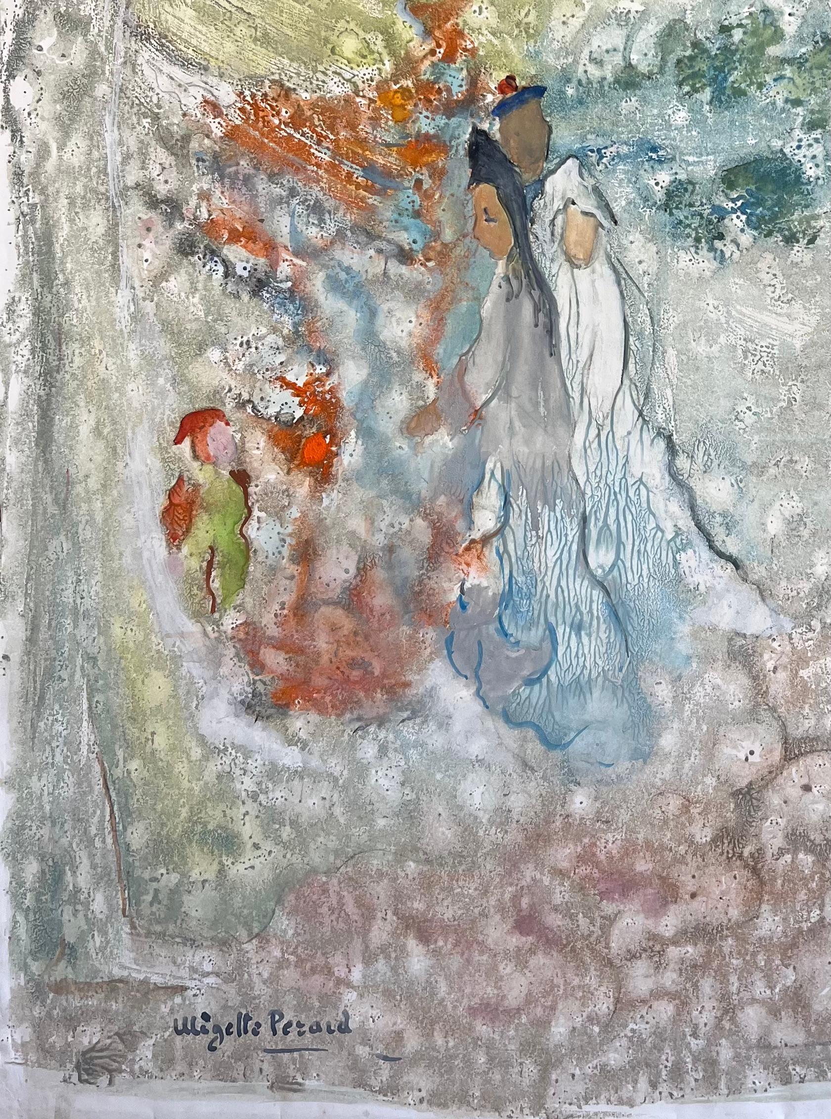 Title: French Mid-Century Mixed Media Painting of Bride and Groom in Dreamlike Forest
by Anne Marie Migette Perard (French 1902-1977)
Signed: Yes
Medium: Mixed media and watercolour on unframed paper
Size: 22.25 inches (height) x 17.5 inches (width)