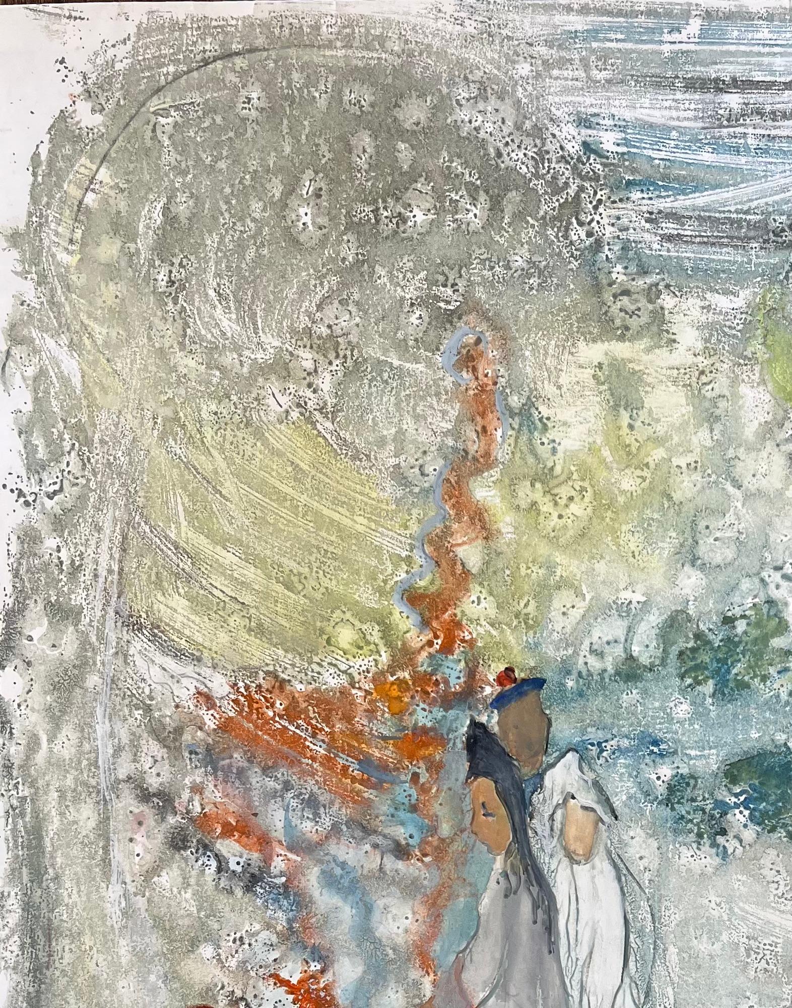 French Mid-Century Mixed Media Painting of Bride and Groom in Dreamlike Forest For Sale 1