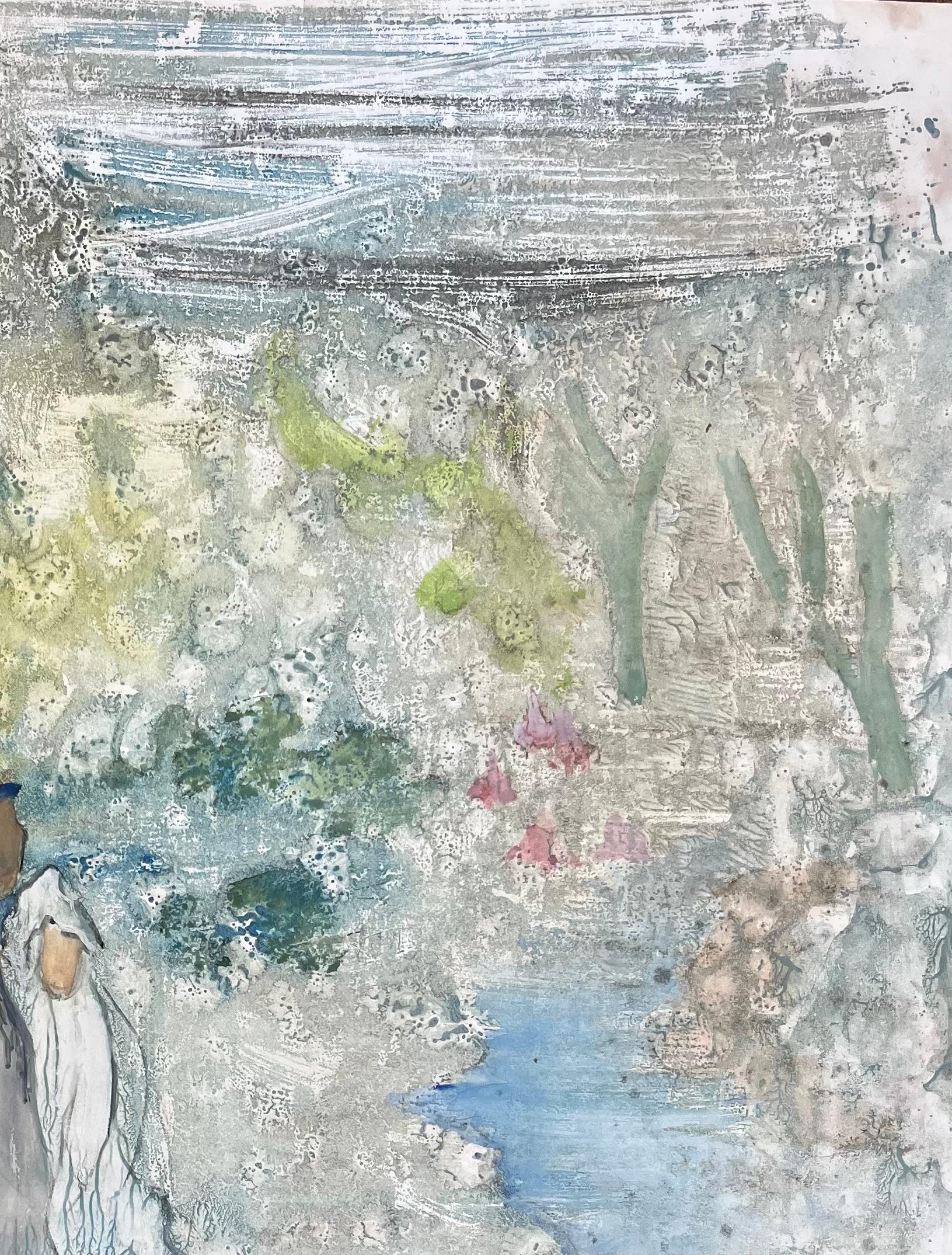 French Mid-Century Mixed Media Painting of Bride and Groom in Dreamlike Forest For Sale 2