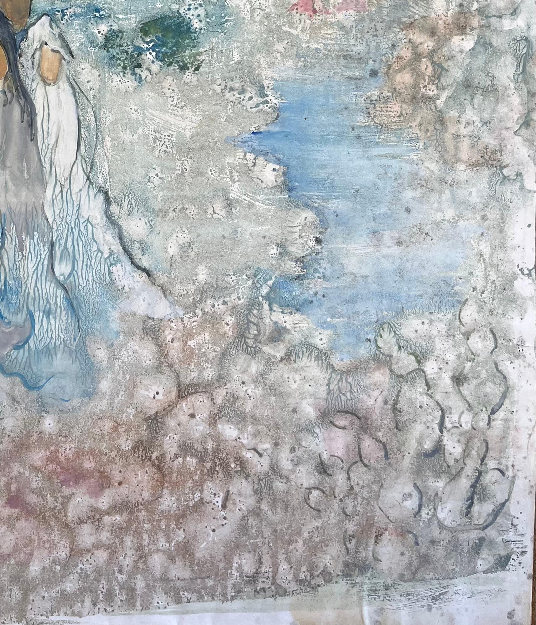 French Mid-Century Mixed Media Painting of Bride and Groom in Dreamlike Forest For Sale 3