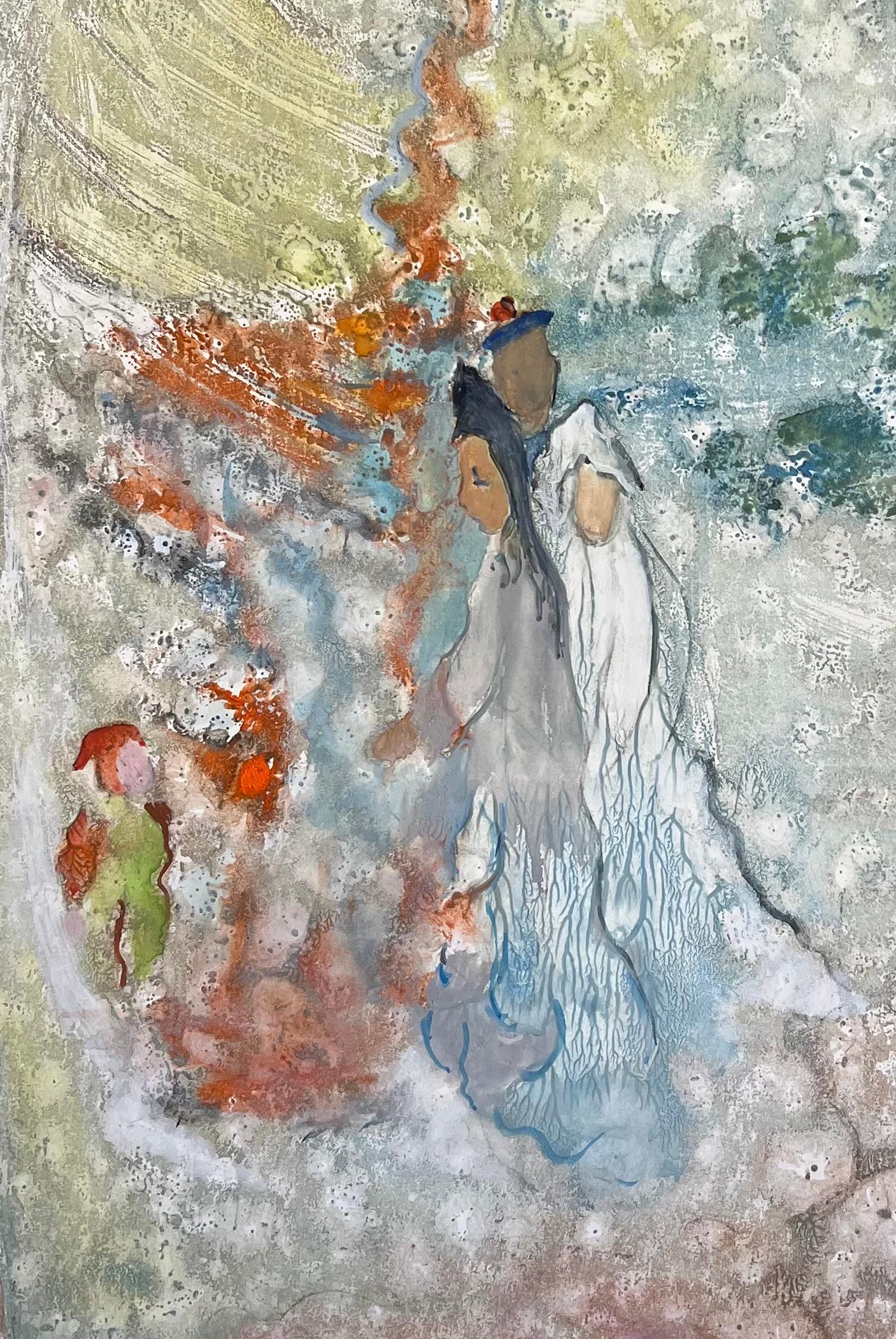 French Mid-Century Mixed Media Painting of Bride and Groom in Dreamlike Forest For Sale 4