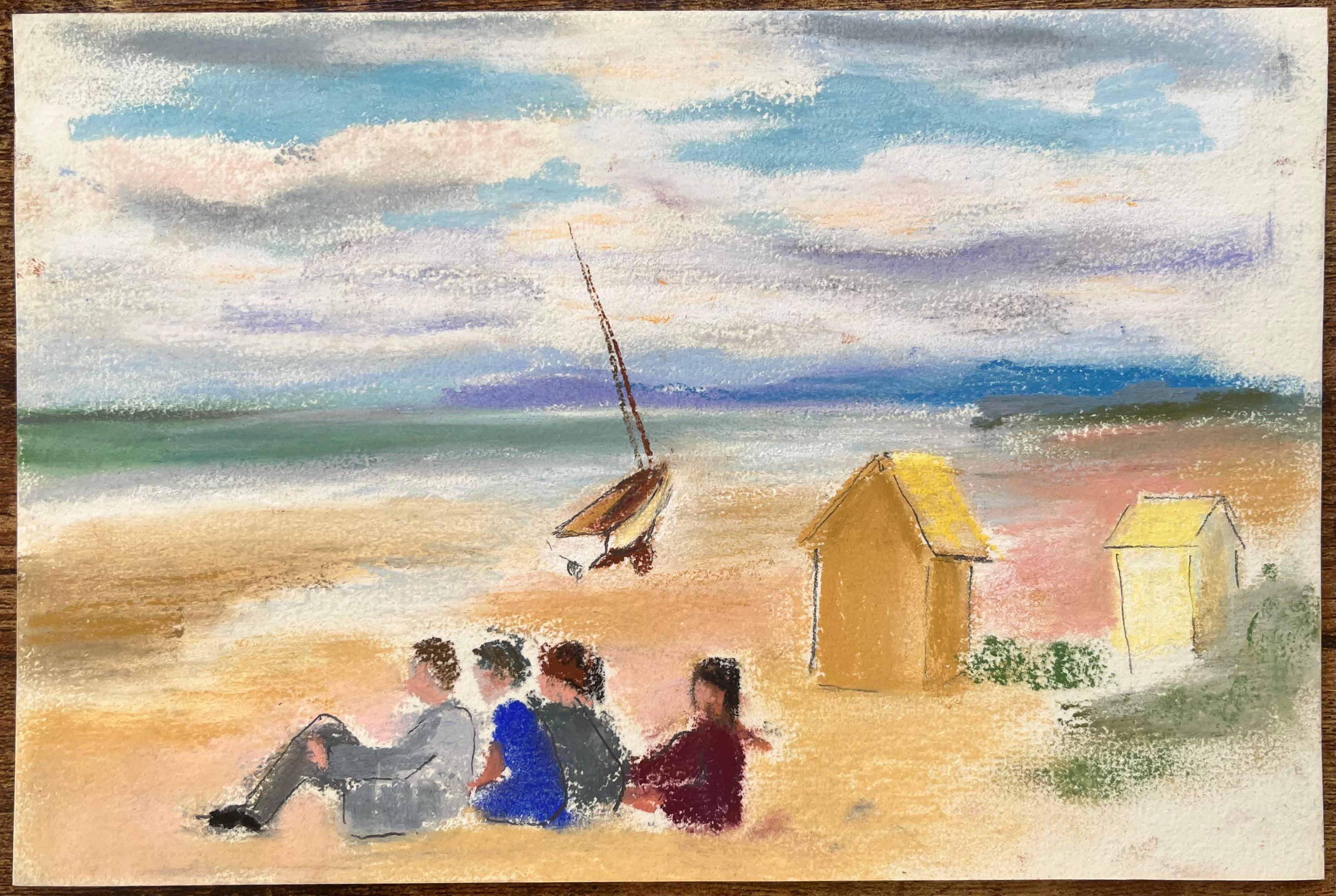 Scena di spiaggia pastello francese di metà secolo con barca a vela e capanne da bagno - Painting di Anne Marie Migette Perard