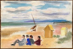 French Mid-Century Pastel Beach Scene with Sailboat and Bathing Huts