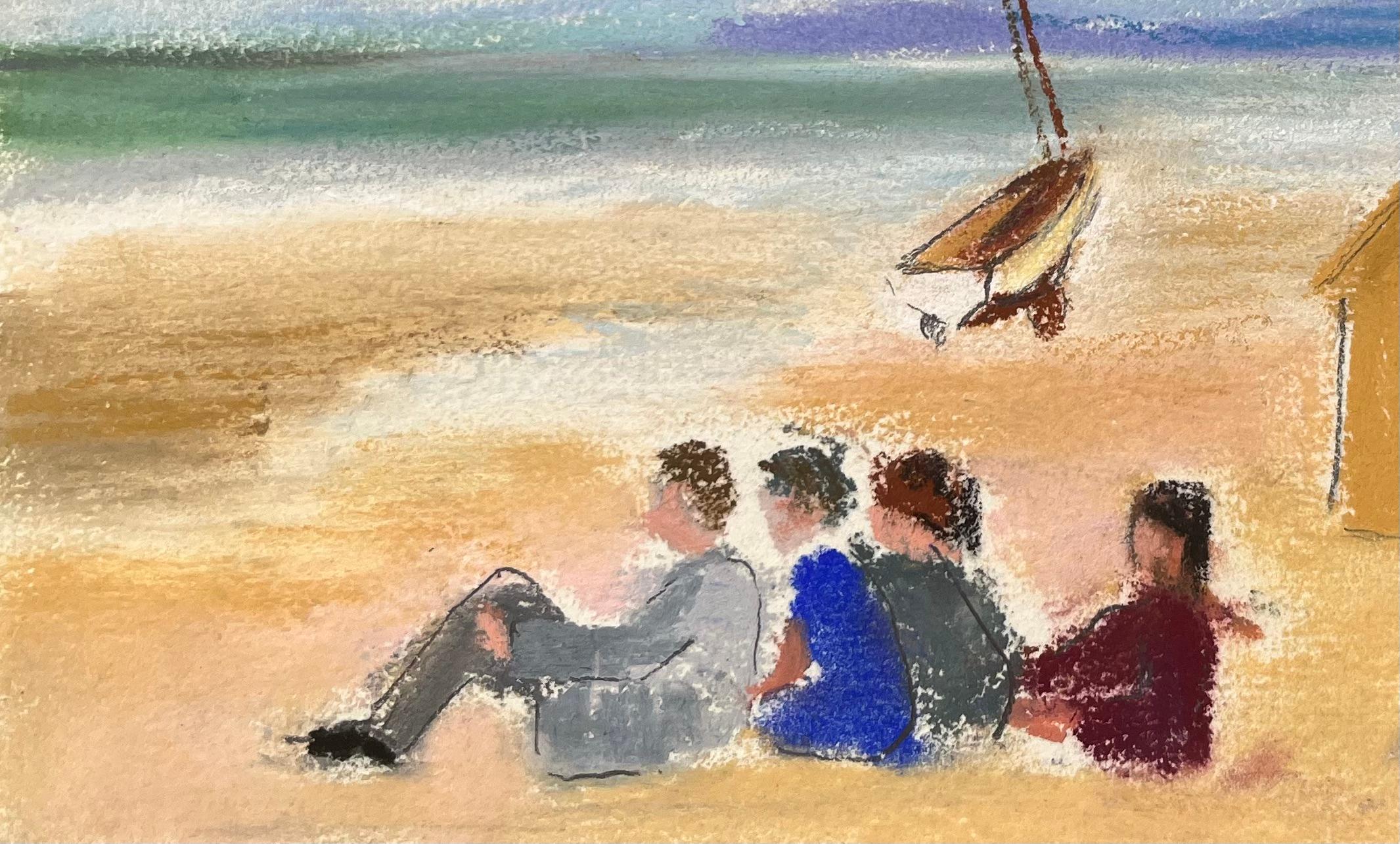 Scena di spiaggia pastello francese di metà secolo con barca a vela e capanne da bagno - Painting Postimpressionismo di Anne Marie Migette Perard