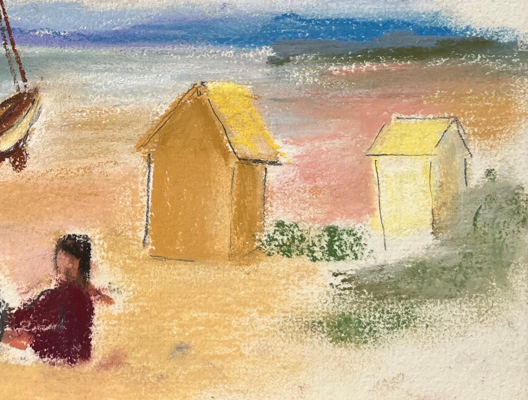 Scena di spiaggia pastello francese di metà secolo con barca a vela e capanne da bagno - Landscape Painting Beige di Anne Marie Migette Perard