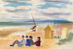 French Mid-Century Pastel Beach Scene with Sailboat and Bathing Huts