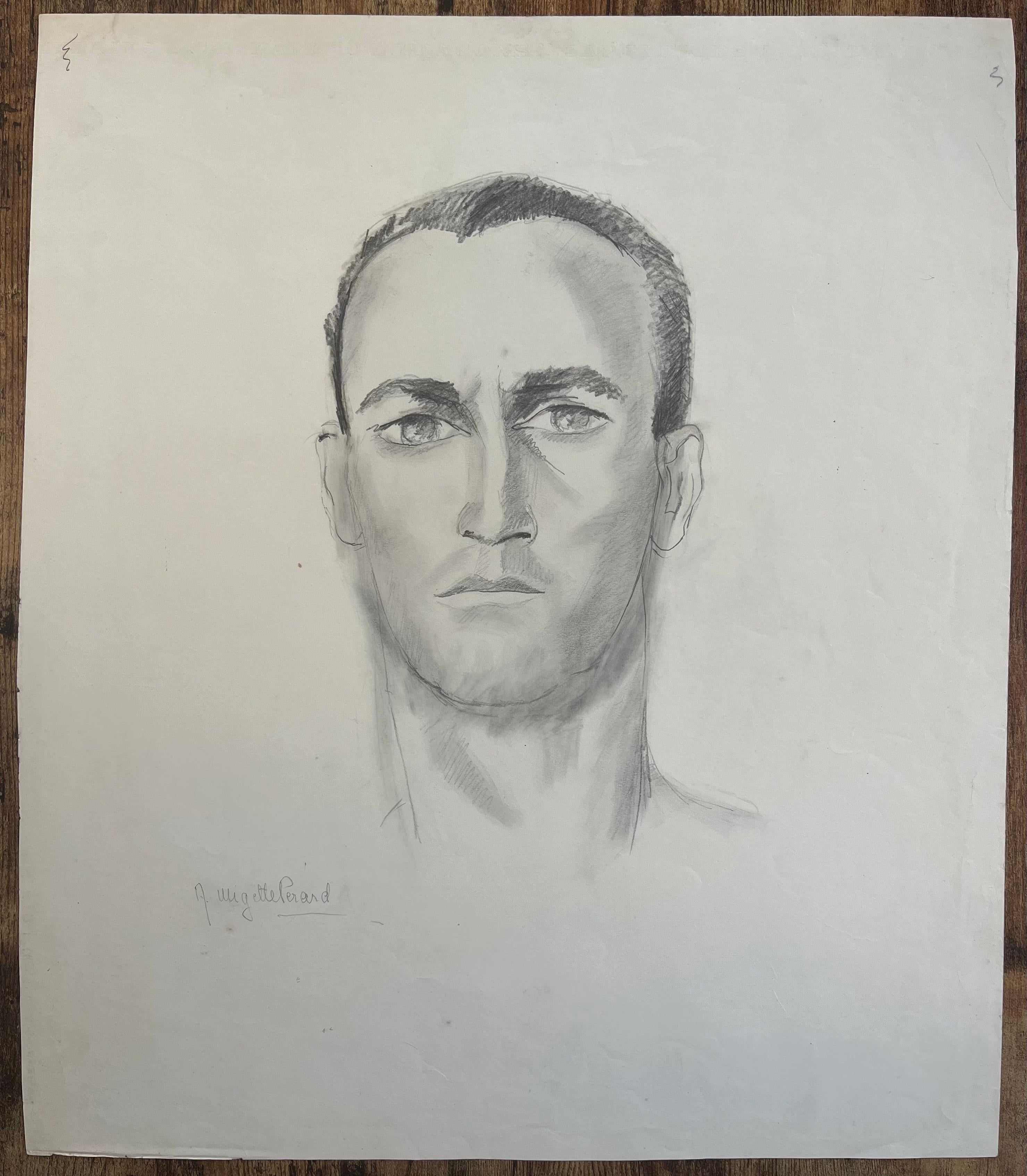 French Mid-Century Pencil Portrait Drawing of a Man with Intense Gaze - Painting by Anne Marie Migette Perard