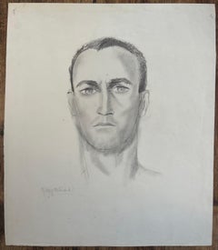 French Mid-Century Pencil Portrait Drawing of a Man with Intense Gaze