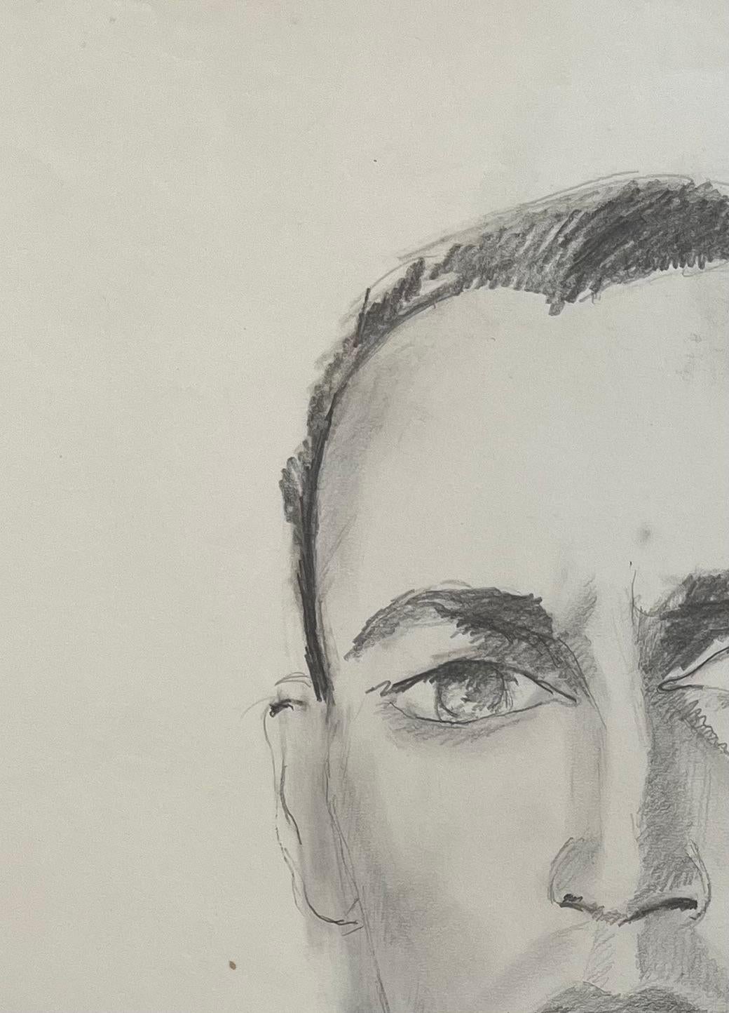 French Mid-Century Pencil Portrait Drawing of a Man with Intense Gaze - Post-Impressionist Painting by Anne Marie Migette Perard