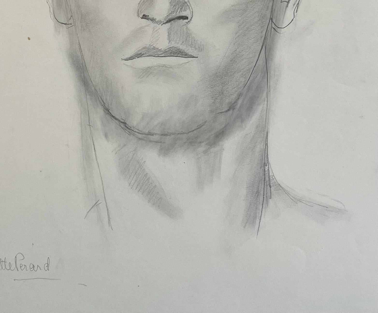 French Mid-Century Pencil Portrait Drawing of a Man with Intense Gaze For Sale 1