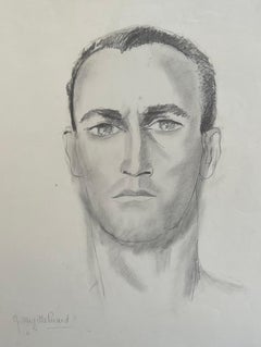 Dibujo francés a lápiz de mediados de siglo de un hombre de mirada intensa