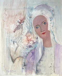 Retrato francés de mediados de siglo de mujer con velo blanco en un entorno onírico