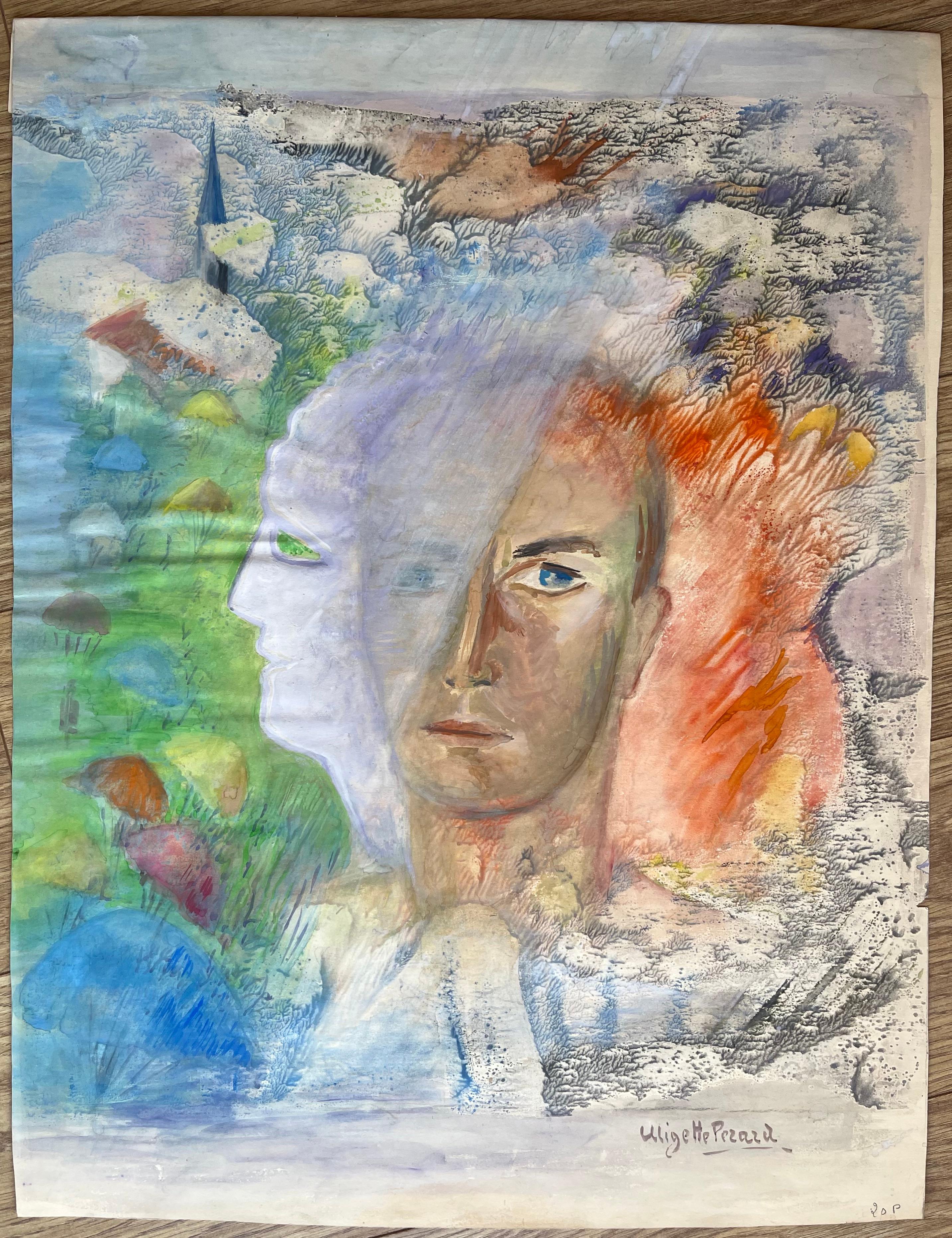 Retrato surrealista francés de mediados de siglo de doble rostro y paisaje simbólico - Painting de Anne Marie Migette Perard