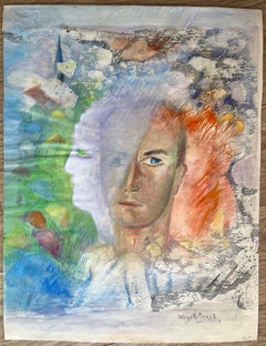 Französisches surrealistisches Porträt mit zwei Gesichtern und symbolischer Landschaft aus der Mitte des Jahrhunderts