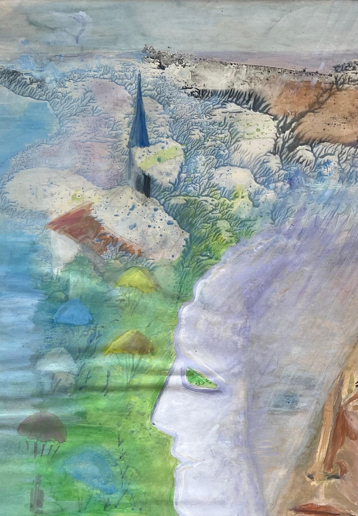 Retrato surrealista francés de mediados de siglo de doble rostro y paisaje simbólico - Painting Posimpresionista de Anne Marie Migette Perard