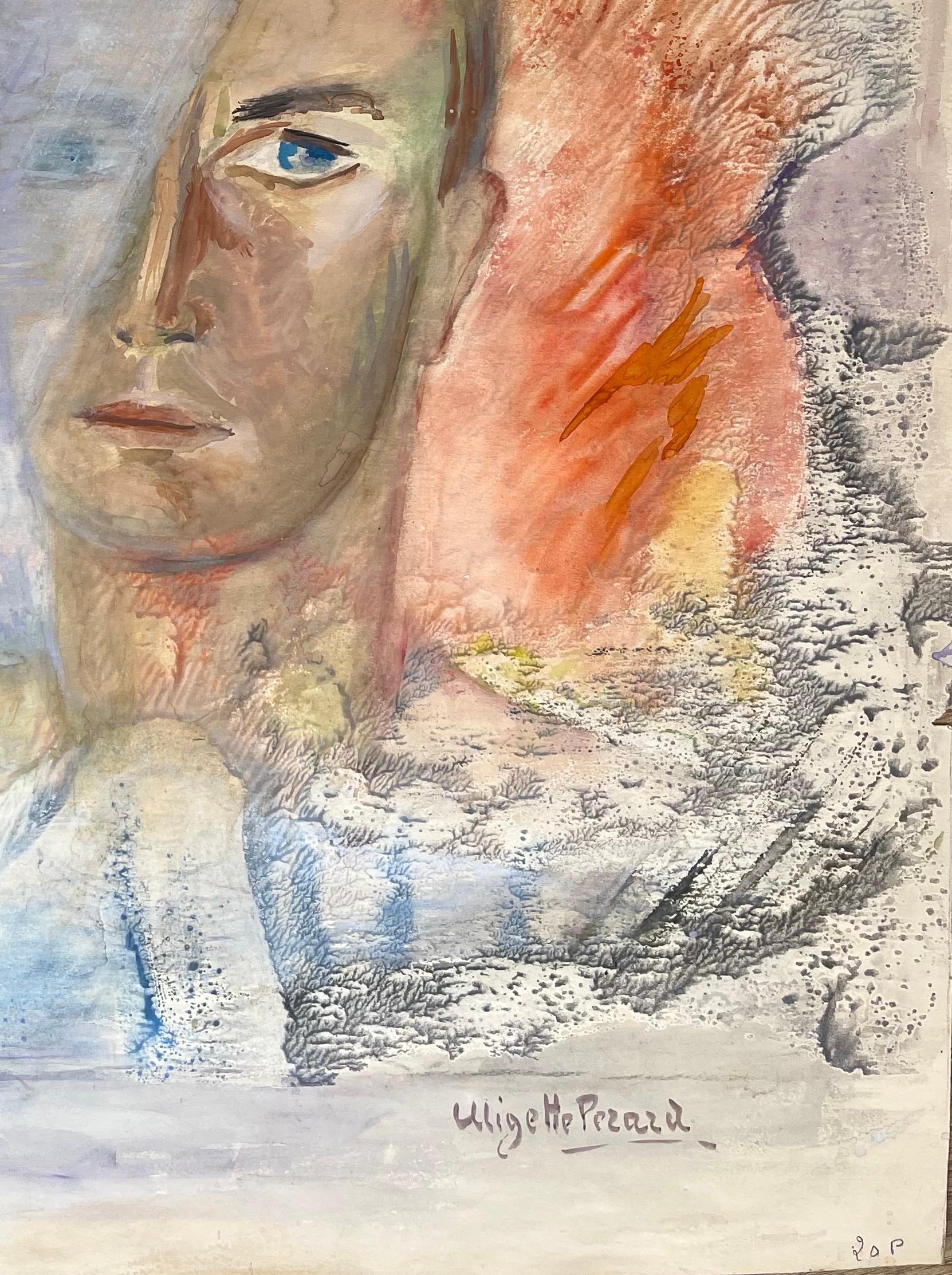 Retrato surrealista francés de mediados de siglo de doble rostro y paisaje simbólico - Figurative Painting Gris de Anne Marie Migette Perard