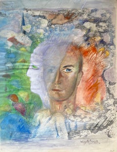 Ritratto surrealista francese di metà secolo con doppio volto e paesaggio simbolico