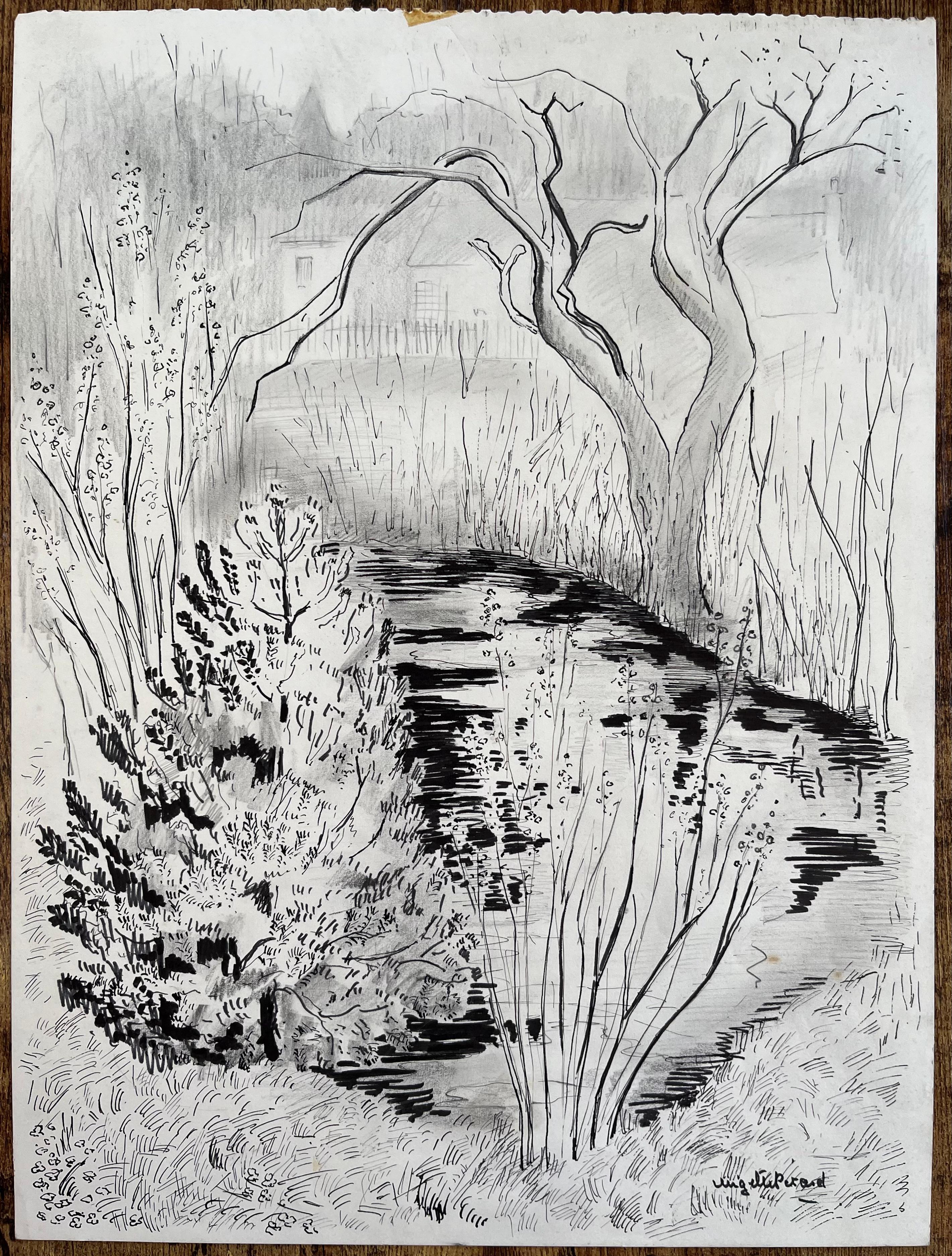 Französische Tintenzeichnung von Bäumen und einem Fluss mit Cottage aus der Mitte des 20. Jahrhunderts – Painting von Anne Marie Migette Perard