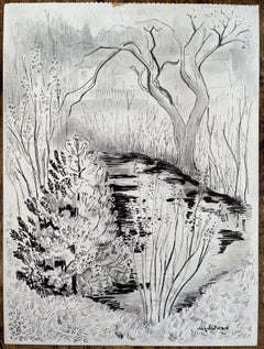 Mid-20th Century French Ink Drawing of Trees and Stream With Cottage