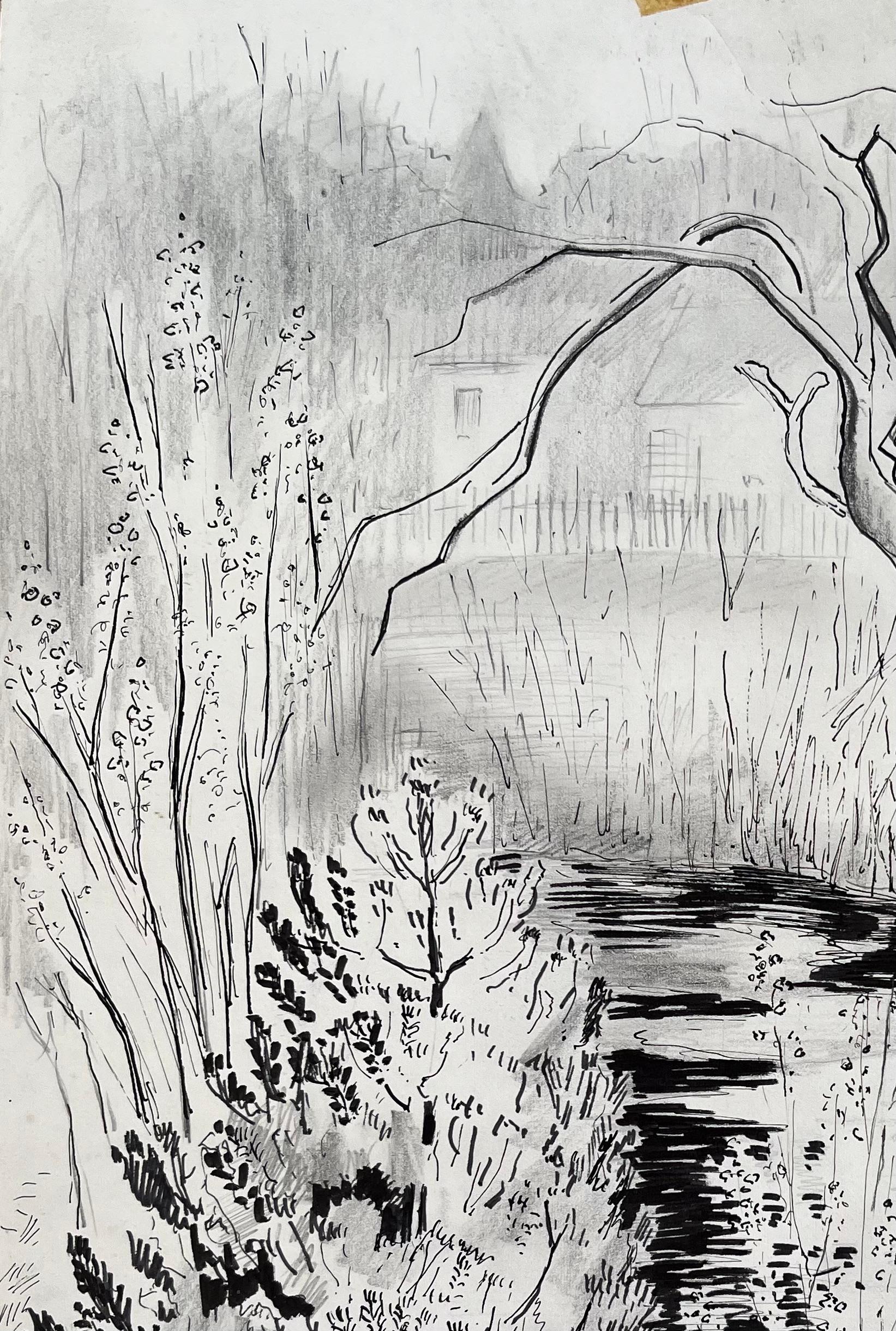 Französische Tintenzeichnung von Bäumen und einem Fluss mit Cottage aus der Mitte des 20. Jahrhunderts (Post-Impressionismus), Painting, von Anne Marie Migette Perard