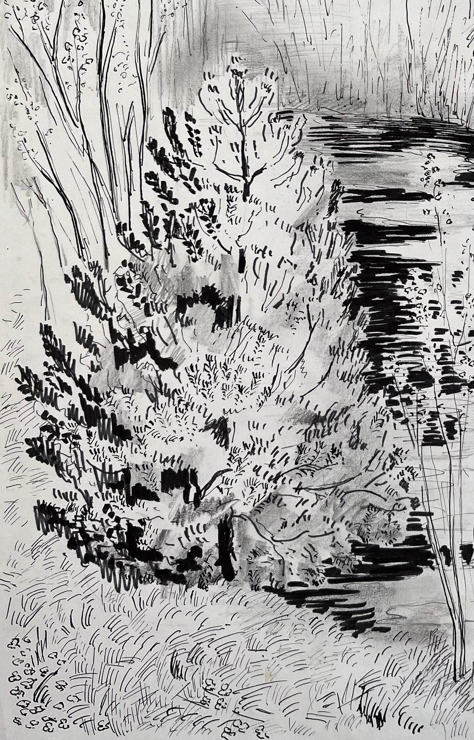 Titel: Französische Tuschezeichnung von Bäumen und Bach mit Häuschen aus der Mitte des 20.
von Anne-Marie Migette Perard (Französisch 1902-1977)
Unterschrieben: Ja
Medium: Tusche und Bleistift auf ungerahmtem Papier
Größe: 14,25 Zoll (Höhe) x 10,5