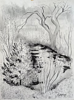 Encre française du milieu du 20e siècle représentant des arbres et un ruisseau avec un chalet