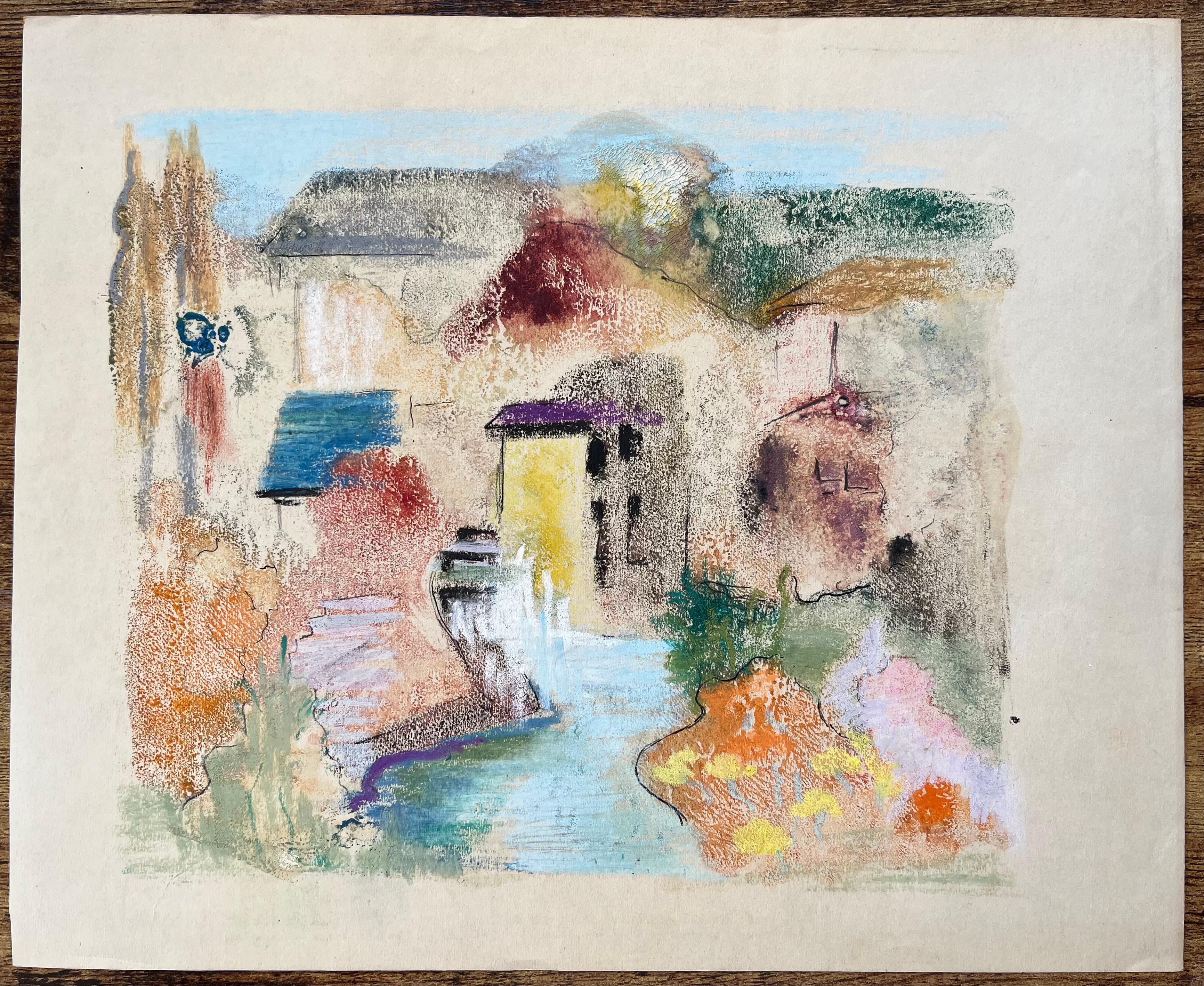 Scène de village en techniques mixtes françaises du milieu du 20e siècle avec rivière et arbres d'automne - Painting de Anne Marie Migette Perard