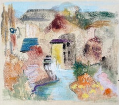 Scène de village en techniques mixtes françaises du milieu du 20e siècle avec rivière et arbres d'automne
