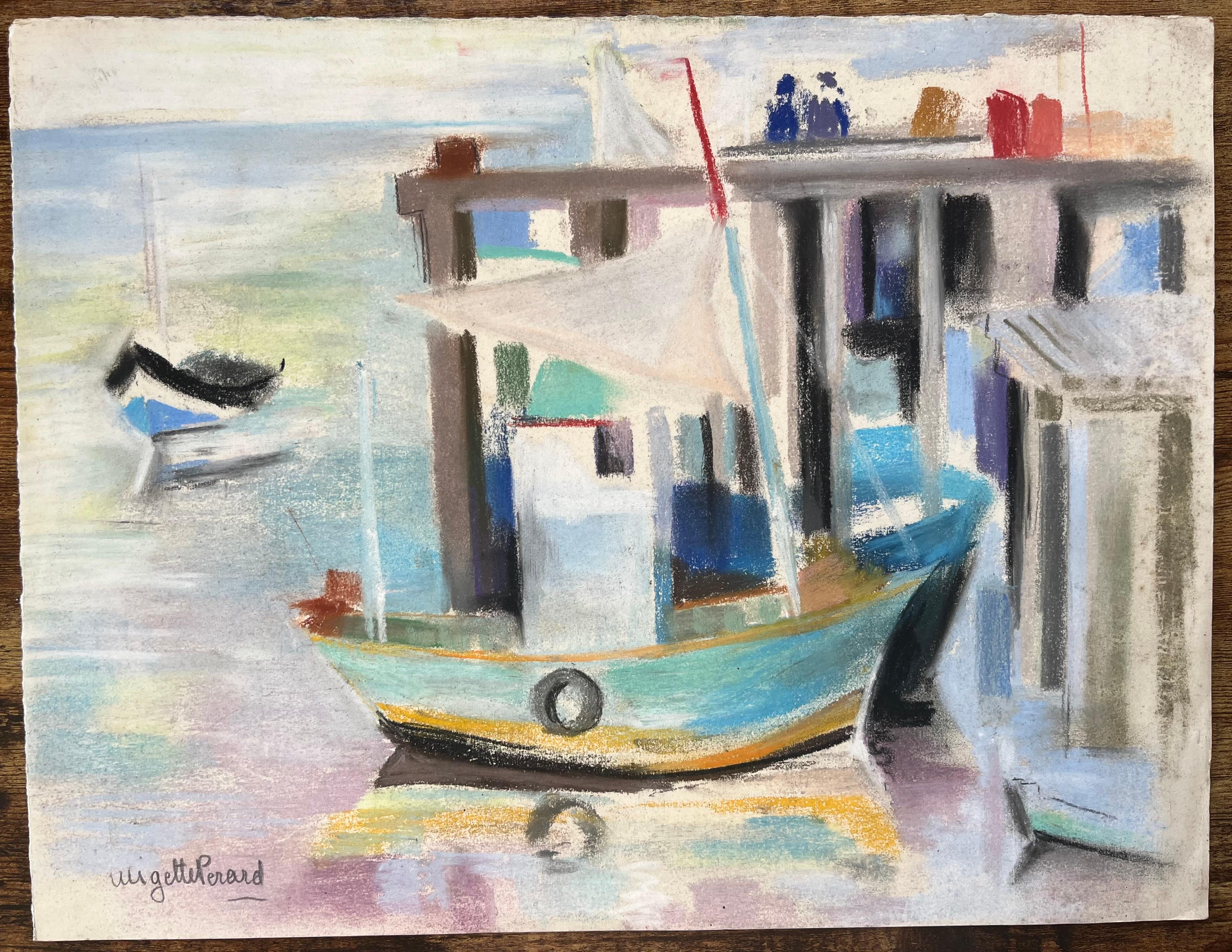 Scena portuale a pastello francese della metà del XX secolo con barche, molo e figure - Painting di Anne Marie Migette Perard