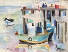 Scène de port au pastel du milieu du 20e siècle avec bateaux et pont et personnages