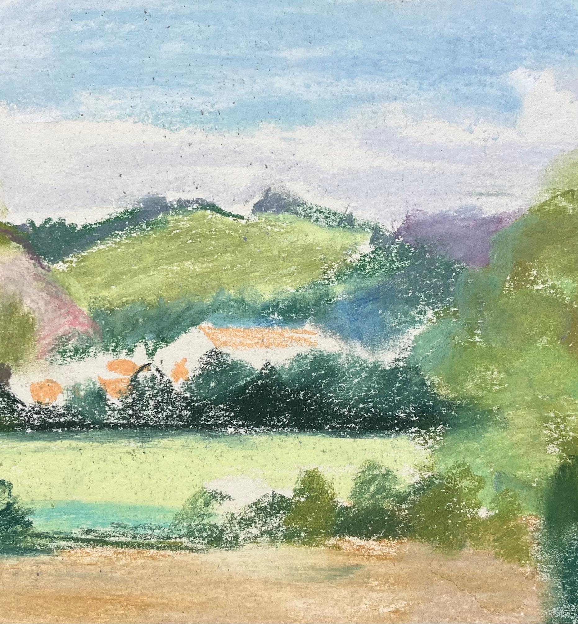 Paysage pastel français du milieu du 20e siècle du village de Bethonvilliers, en collines en vente 2