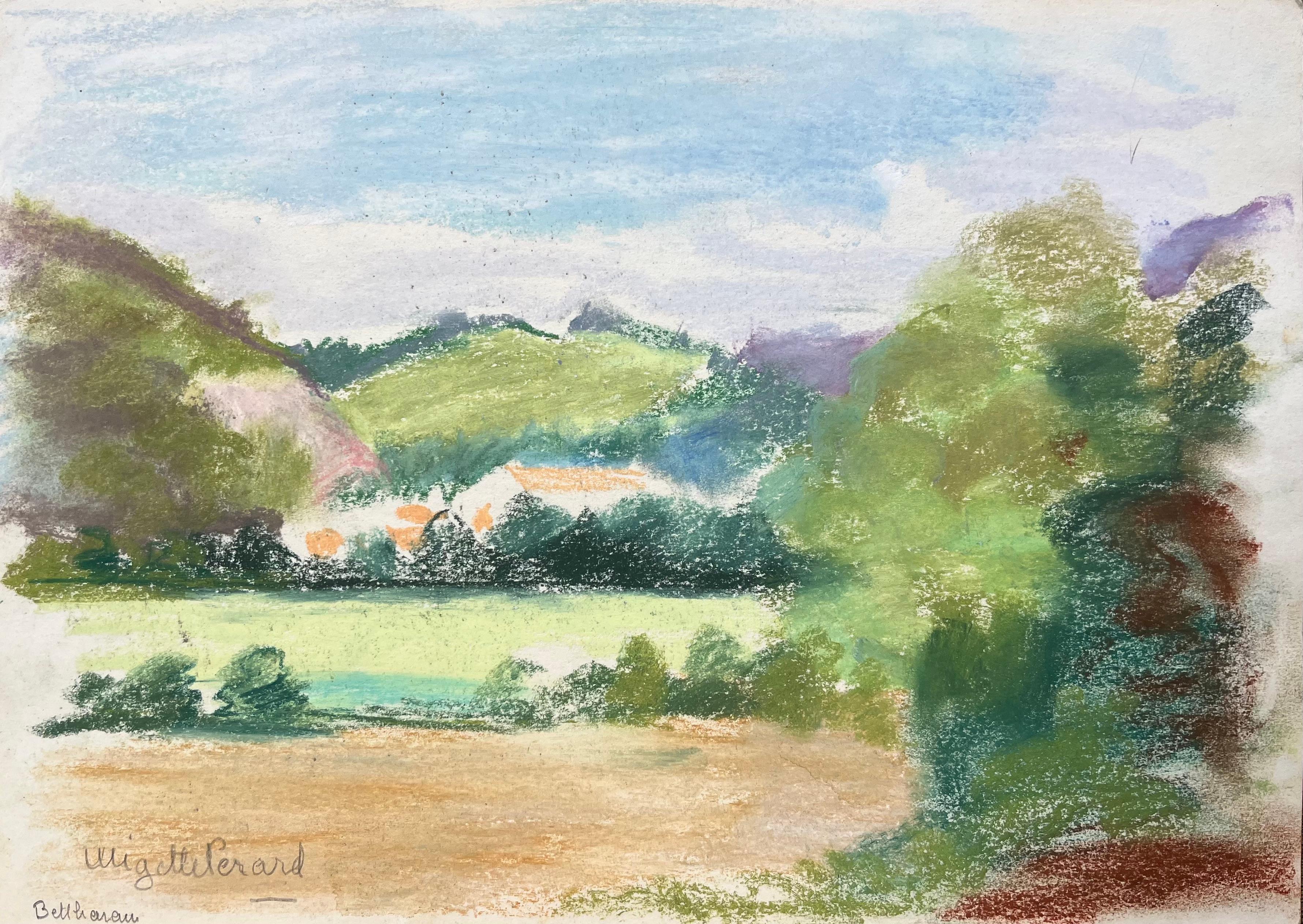 Figurative Painting Anne Marie Migette Perard - Paysage pastel français du milieu du 20e siècle du village de Bethonvilliers, en collines