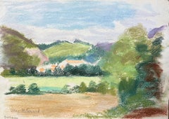 Paisaje al pastel francés de mediados del siglo XX de la aldea de Bethonvilliers en las colinas
