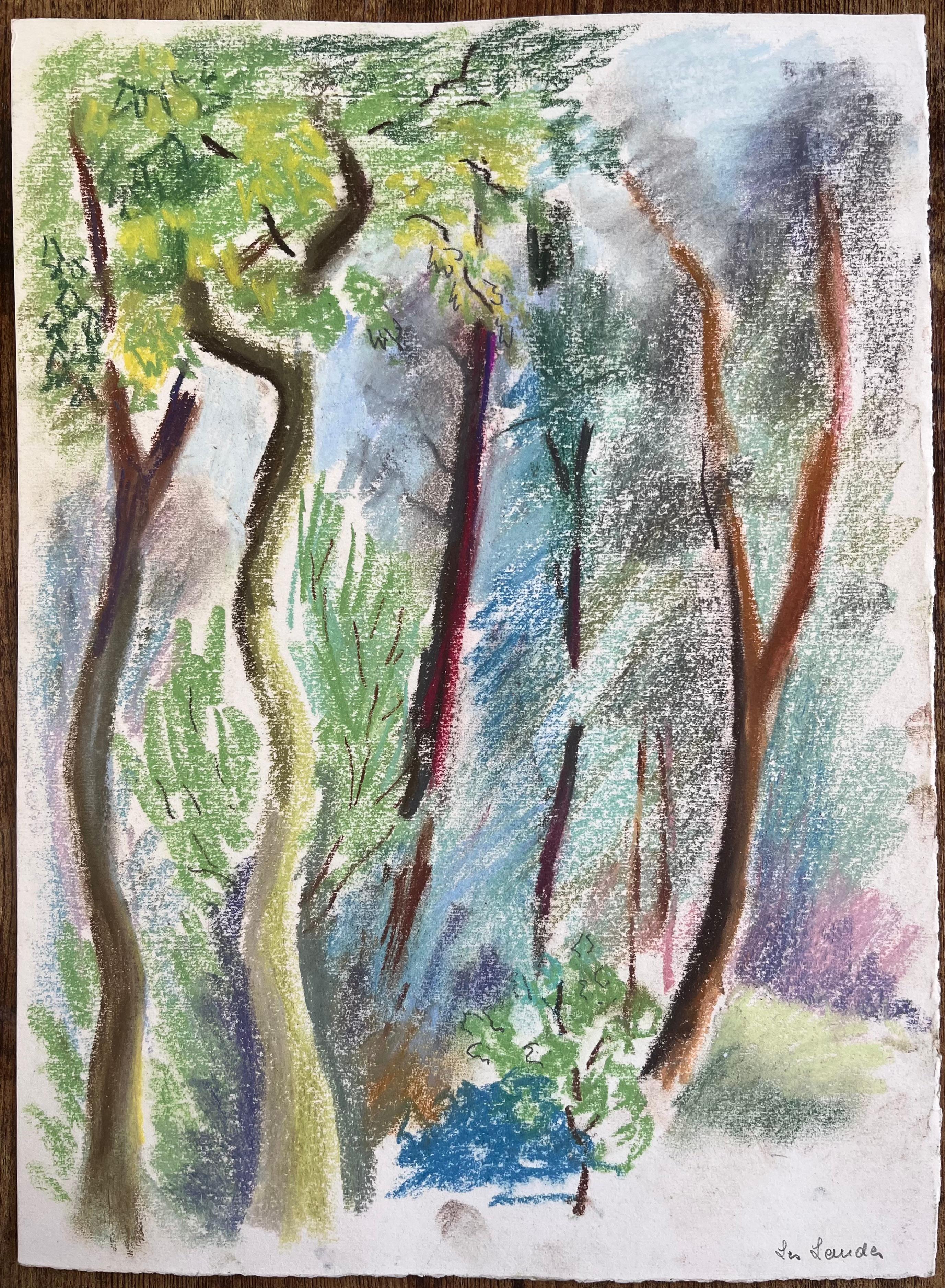 Paesaggio a pastello francese della metà del XX secolo con alberi della foresta a Les Laudes - Painting di Anne Marie Migette Perard