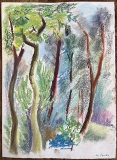 Mid-20th Century French Pastel Landscape of Forest Trees in Les Laudes