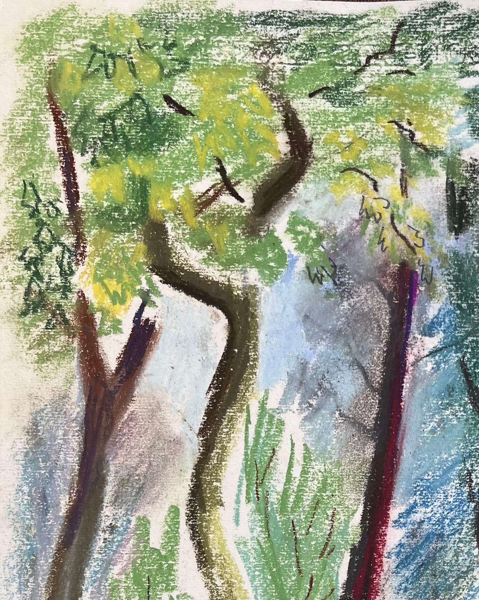 Paesaggio a pastello francese della metà del XX secolo con alberi della foresta a Les Laudes - Painting Postimpressionismo di Anne Marie Migette Perard