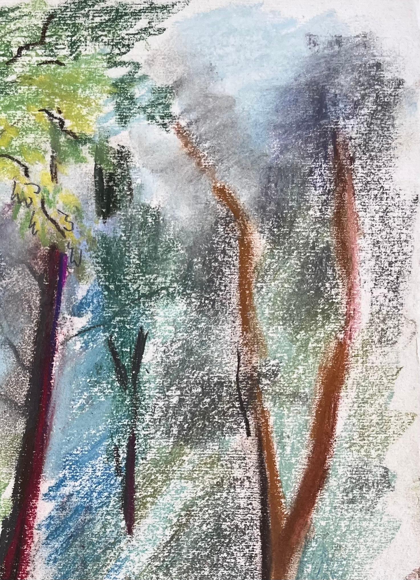 Paesaggio a pastello francese della metà del XX secolo con alberi della foresta a Les Laudes - Figurative Painting Grigio di Anne Marie Migette Perard