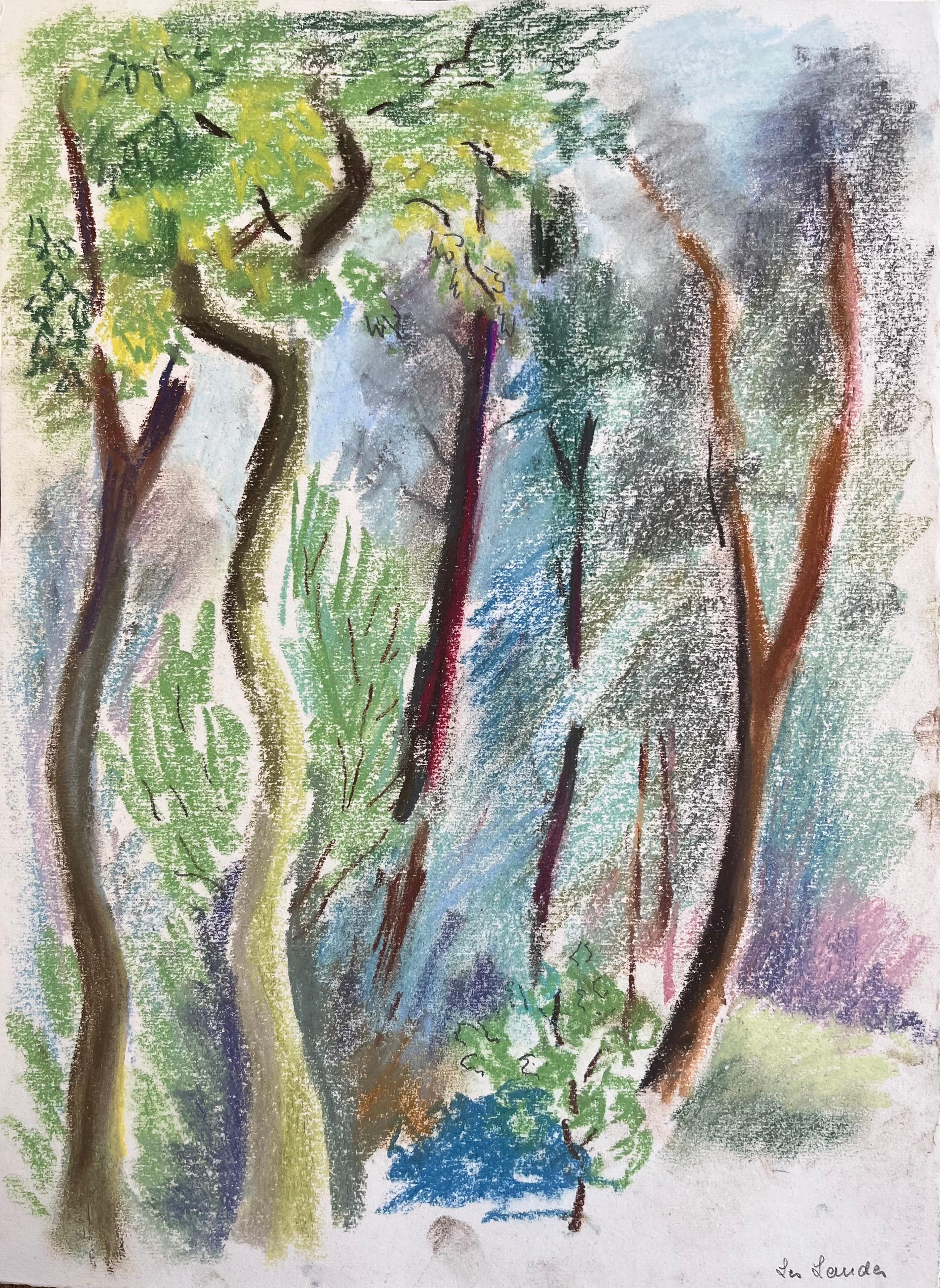 Figurative Painting di Anne Marie Migette Perard - Paesaggio a pastello francese della metà del XX secolo con alberi della foresta a Les Laudes