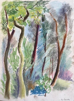 Paisaje de árboles forestales en pastel francés de mediados del siglo XX en Les Laudes