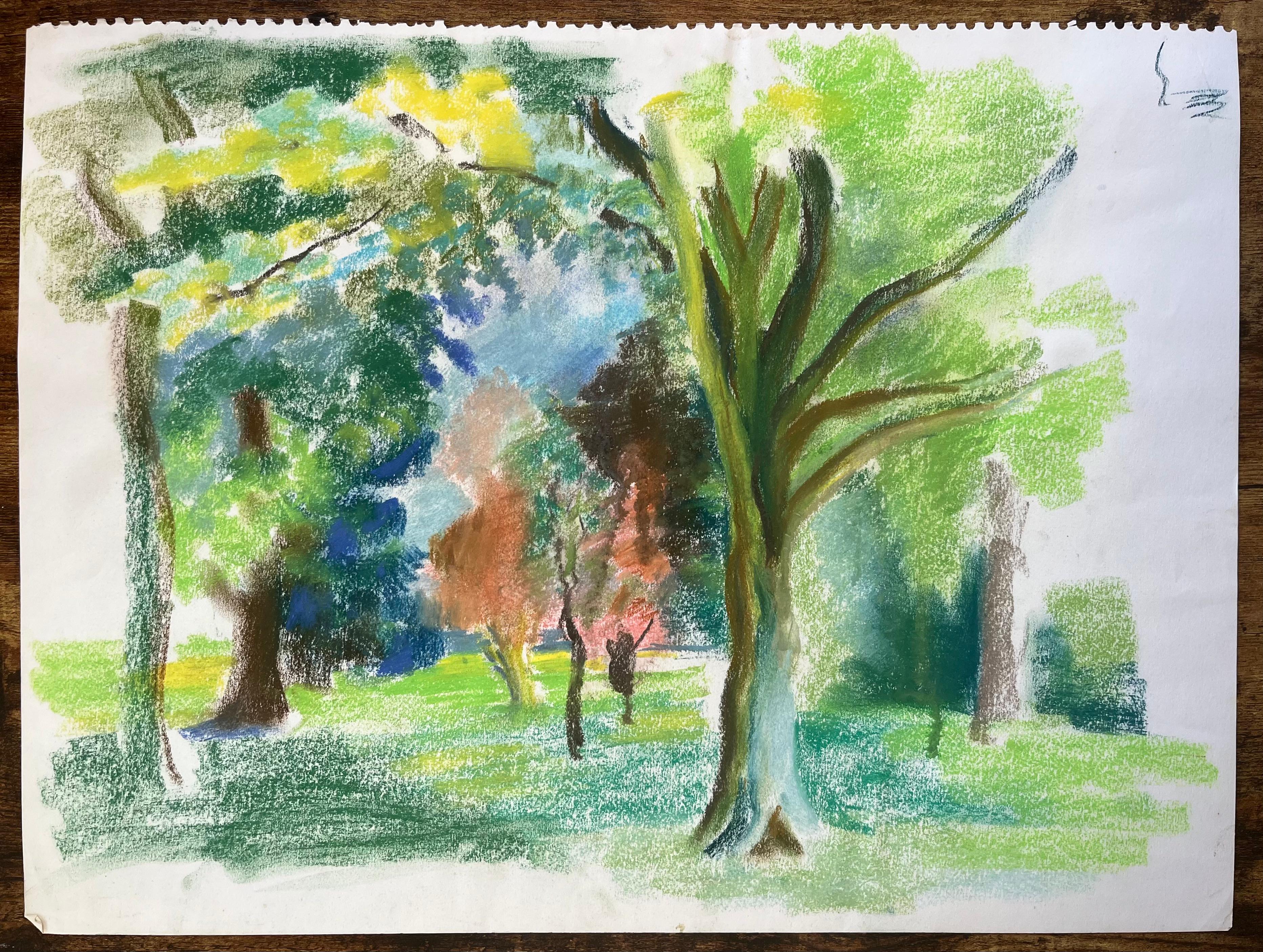 Paesaggio a pastello francese della metà del XX secolo con alberi in un giardino pubblico illuminato dal sole - Painting di Anne Marie Migette Perard