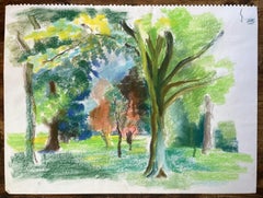 Französische Pastelllandschaft aus der Mitte des 20. Jahrhunderts mit Bäumen in einem sonnendurchfluteten öffentlichen Garten