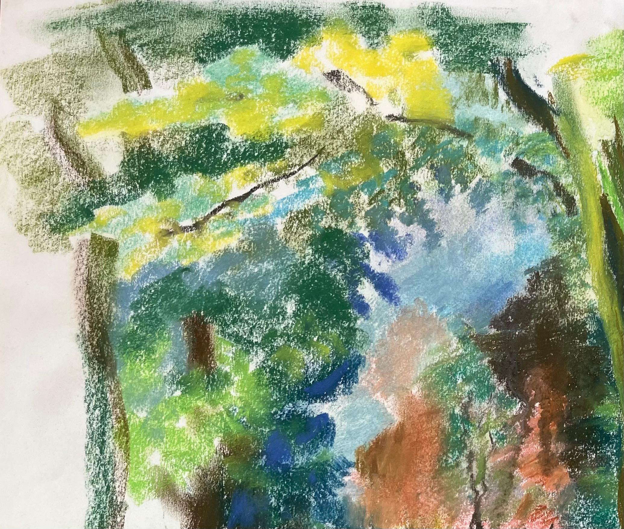 Paesaggio a pastello francese della metà del XX secolo con alberi in un giardino pubblico illuminato dal sole - Painting Postimpressionismo di Anne Marie Migette Perard