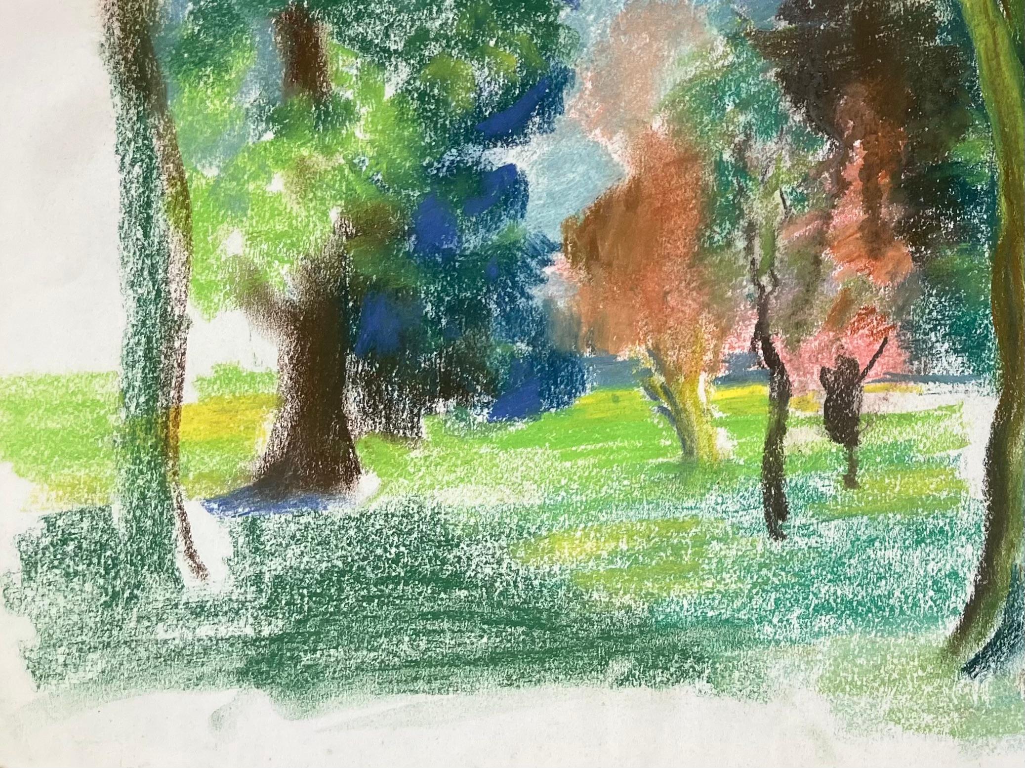 Titolo: Paesaggio a pastello francese della metà del XX secolo con alberi in un giardino pubblico illuminato dal sole
di Anne Marie Migette Perard (francese, 1902-1977)
Medio: Pastello su carta non incorniciata
Dimensioni: 15,25 pollici (altezza) x