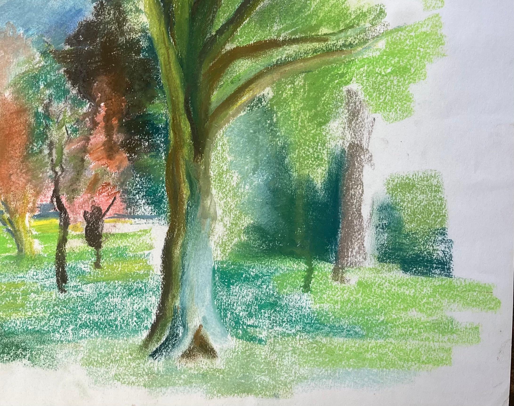 Paesaggio a pastello francese della metà del XX secolo con alberi in un giardino pubblico illuminato dal sole in vendita 1