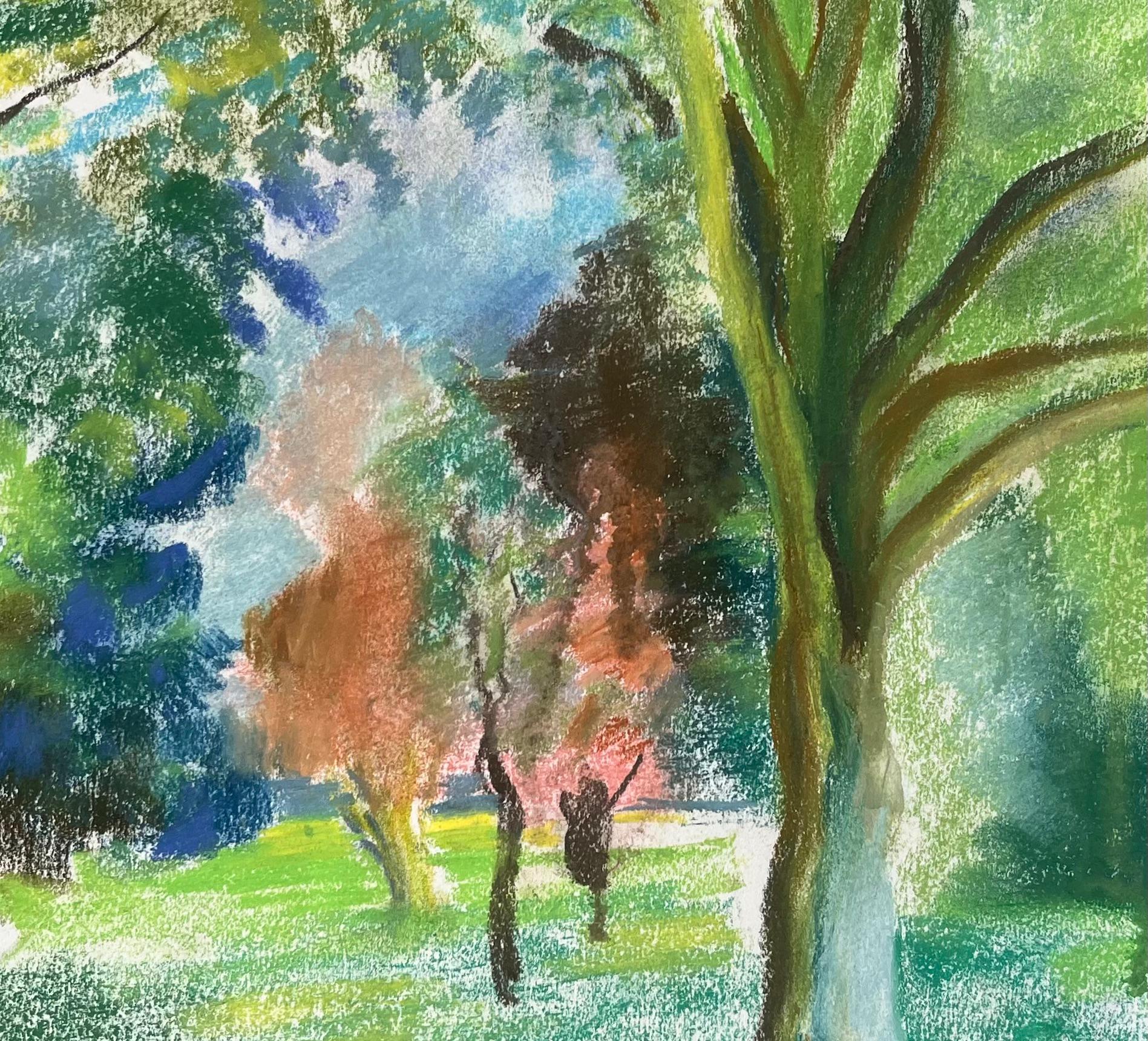 Paesaggio a pastello francese della metà del XX secolo con alberi in un giardino pubblico illuminato dal sole in vendita 2